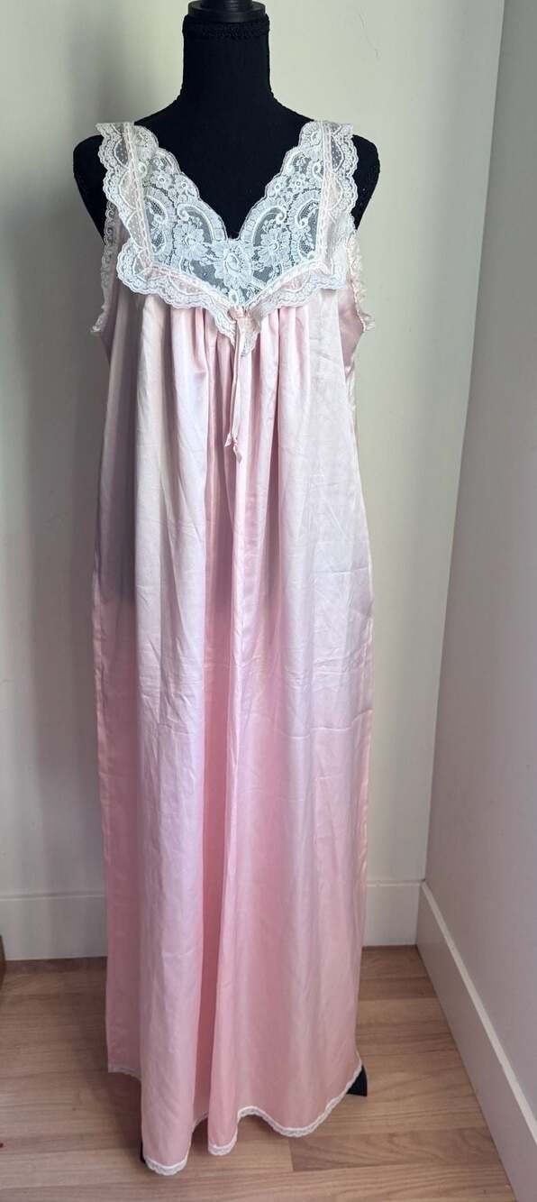 Vintage Christian Dior Pink Satin Lace Trim Long Nightgown